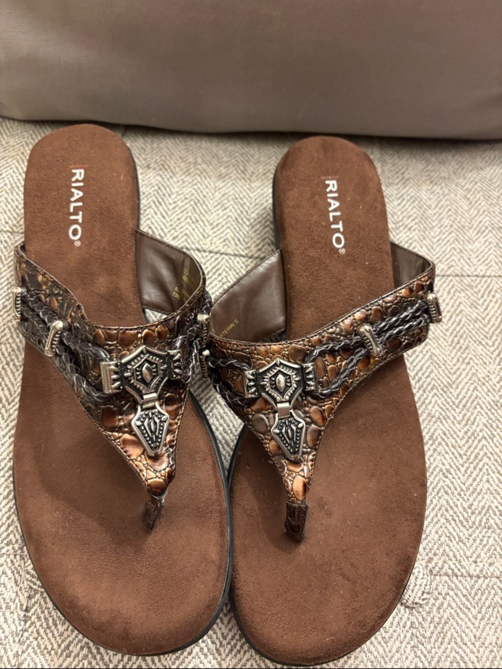 Rialto Brown Croc-Embossed Thong Sandals with Metal Accents